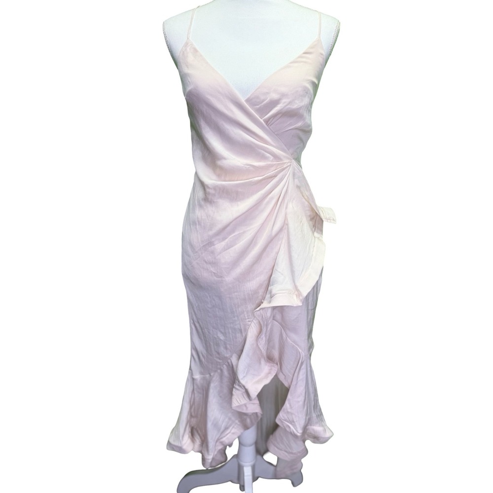 Womens Satin Wrap Midi Dress S Bone Pink Ruffle Hem Wedding Guest NWT